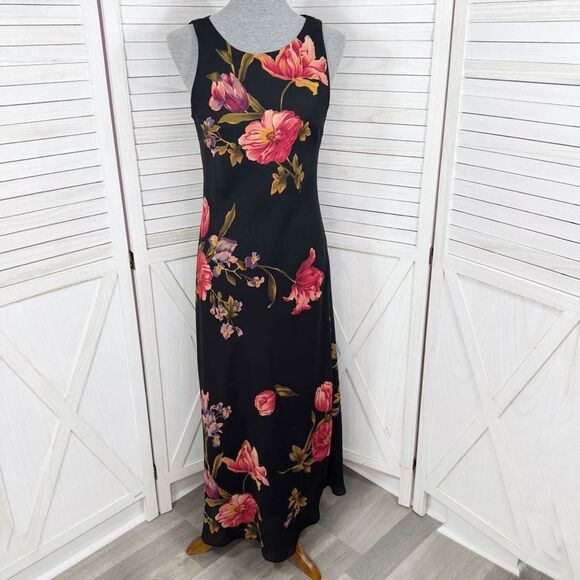 Vintage 90s Positive Attitude Floral Maxi Slip Dress Black Medium Glam Grunge - Picture 1 of 11